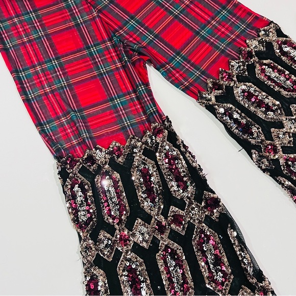 Disco Lemonade X Lux Muse Plaid & Sequin Mix Media Bell Bottom Flare Pants - Picture 5 of 15